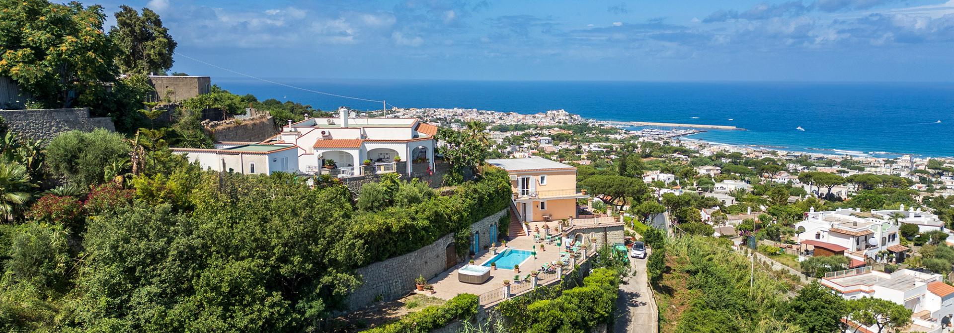 Vista panoramica sul mare e case verdi.